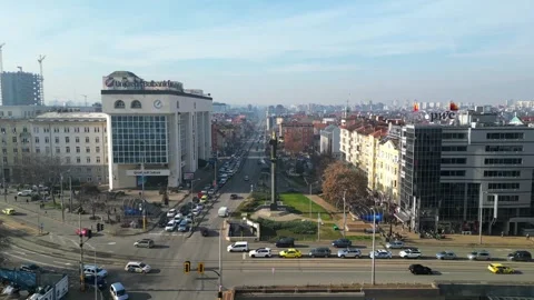 Sofia, Bulgaria. Aerial View of Busy Downtown Traffic, Sofia Monument and Stock Footage 246579477