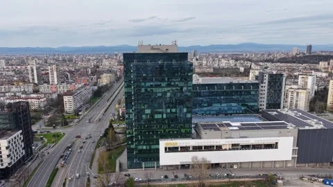 Sofia, Bulgaria - April 11, 2026: Bulgaria Mall, Glass Office Tower Aerial View Stock Footage 332659945