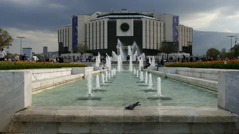 SOFIA, BULGARIA - APRIL 14, 2018: Fountains of the National Palace of Culture. Stockbeeldmateriaal 152626775