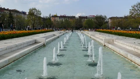 SOFIA, BULGARIA - APRIL 14, 2018: Fountains of the National Palace of Culture. Stock Footage 152627116