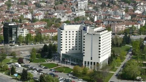 SOFIA, BULGARIA - APRIL 14, 2018: View from above of the Hilton hotel. Stock Footage 153408003