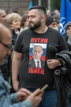 Sofia, Bulgaria - April 28, 2022: A man protests against Putin agression Stock Photos