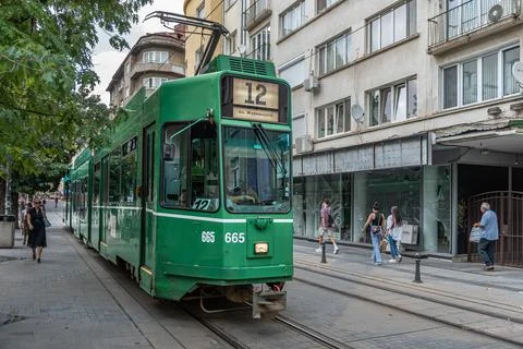 Sofia, Bulgaria, August 22, 2023: Green Retro Tramway Stock Photos