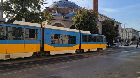 Sofia, Bulgaria. Banya Bashi Mosque, Boulevard Traffic and Tram on Sunny Summer Stock Footage 313133761