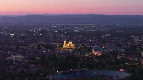 Sofia Bulgaria Cityscape at Dusk with Park and Urban Lights Stock-Footage 310365788