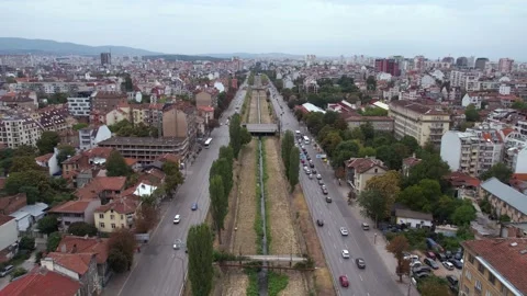 Sofia, Bulgaria. Drone Shot of Boulevard Traffic and Downtown Residential Stock Footage 286127554