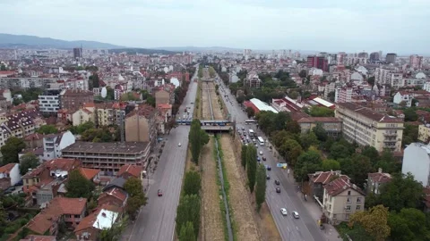 Sofia Bulgaria. Drone Shot of Traffic on Slivnitsa Boulevard and Downtown Stock Footage 286332092