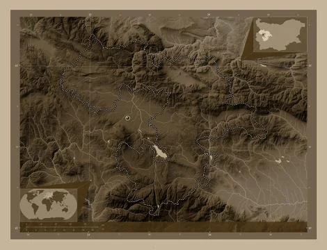 Sofia, Bulgaria. Elevation map colored in sepia tones with lakes and rivers Illustrazione stock