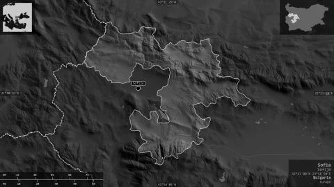 Sofia, Bulgaria. Grayscaled map with lakes and rivers Stockillustratie