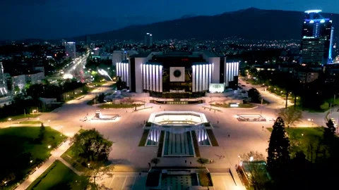 Sofia, Bulgaria, July 1, 2020: Sunset aerial view of the National Palace of Stock Footage 150085306