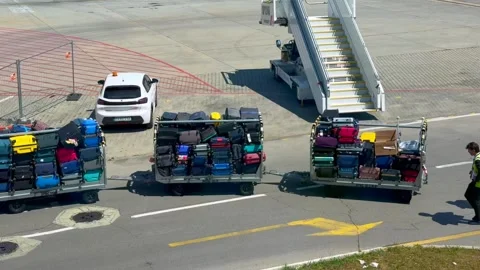 Sofia, Bulgaria - June 08, 2026: Luggage transport vehicles loaded Stock Footage 341692192