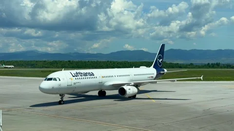 Sofia, Bulgaria - June 08, 2026: Lufthansa aircraft moves along the runway Stock Footage 341692269