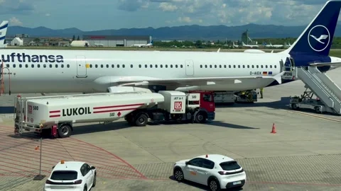 Sofia, Bulgaria - June 08, 2026: Lufthansa aircraft being refueled by a Lukoil f Stock-Footage 341692281