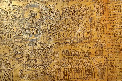 Sofia, bulgaria - october, 21, 2023: ancient engraved religious artwork with  Stock Photos