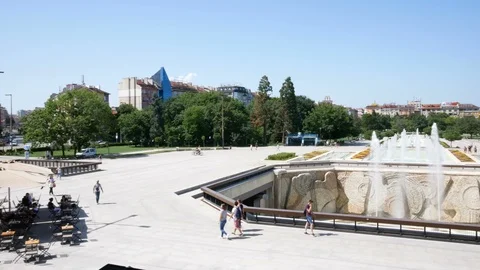Sofia, Bulgaria, panoramic view of the National Palace of culture fountains 動画素材 112352761
