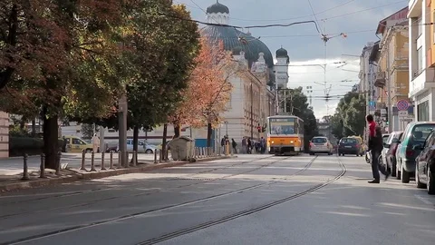 SOFIA, BULGARIA - SEPTEMBER 2016: Old tram in Sofia, Bulgaria in a sunny day Stock Footage 72829258