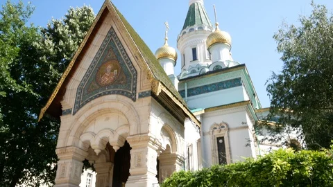 Sofia, Bulgaria, tilt up of the facade of  Saint Nicola church Stock Footage 112347041