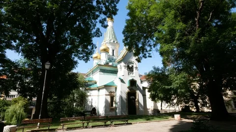 Sofia, Bulgaria, view through the tree of Saint Nicola church Stock Footage 112345920