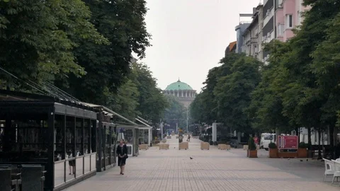 SOFIA, BULGARIA: Vitosha Boulevard and Nedelya Church in the background Stock Footage 91084939
