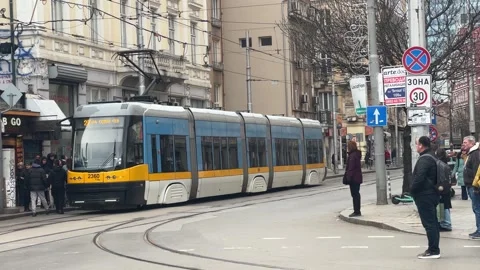 Sofia City Center Winter Scene Tram Pedestrians And Pizza Snack Shop 스톡 동영상 323922538