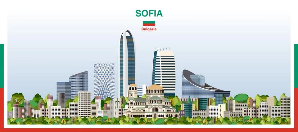 Sofia city skyline with a frame border in the colors of the flag of Bulgaria Stock-Illustration