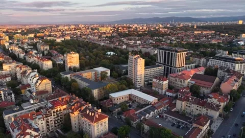 Sofia Cityscape From Above in Warm Evening Light Stockbeeldmateriaal 347076321