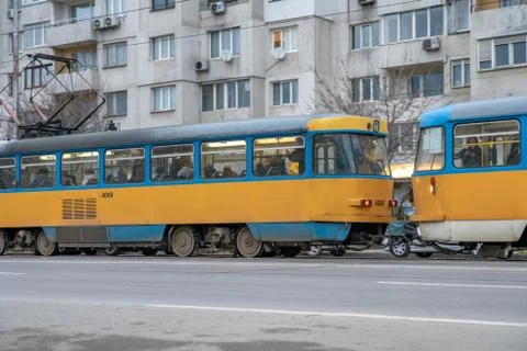 Sofia - February 27, 2020: prefabricated house in the city on settlements. tram Stock Photos