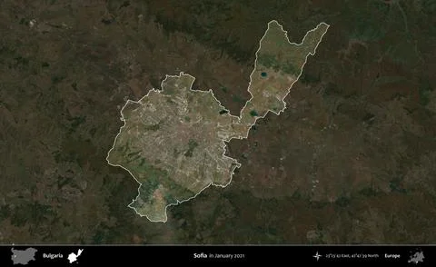 Sofia highlighted, Bulgaria. Sentinel - World Cover Mosaic. January 2021 Illustrazione stock