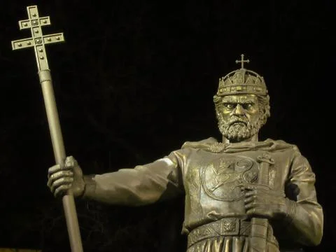 Sofia at night - a monument of Tsar Samuil. Stock Photos