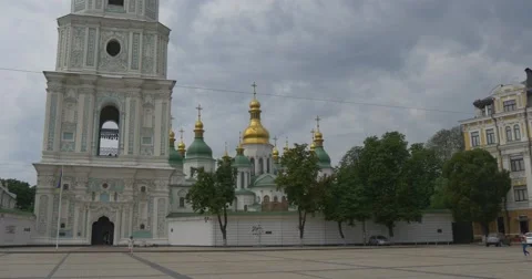 Sofia Square, Kiev, Bell Tower of Sophia Cathedral, Ukrainian Flag on the Bell Stock Footage 52901408