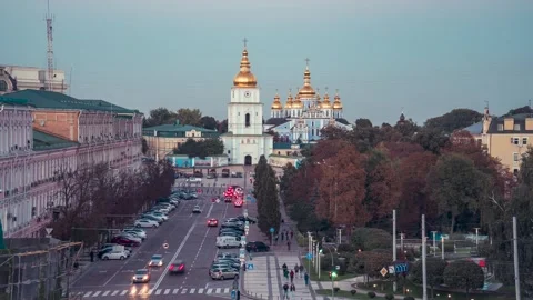 Sofia Square Kyiv and St. Michael's Cathedral evening time lapse Stock Footage 254917289