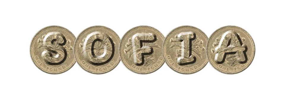 SOFIA word with British coins on white background Stock Illustration