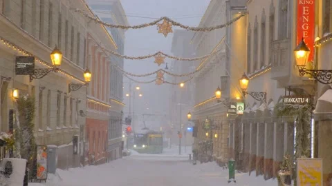 Sofiankatu during the strong snowstorm, Helsinki, Finland Stock Footage 148098039