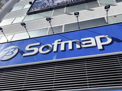 Sofmap electronic store signage logo on high-rise office building exterior .. Stock Photos