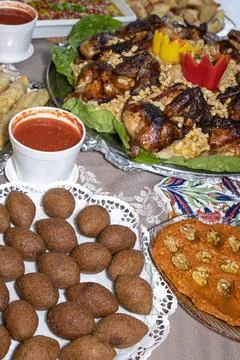 Sofra a dining table with different Arabic meals. Stock Photos