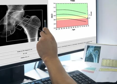 Soft and blurry image Hand doctor point woman's hip bone mass image The graph Stock Photos