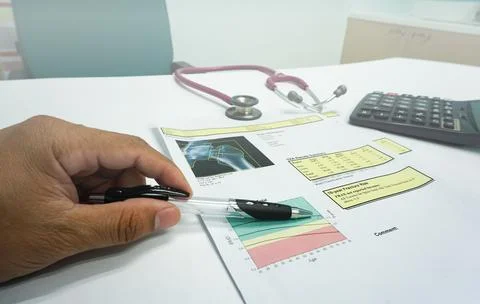 Soft and blurry image:Bone Densitometer hip  report paper  .on the teble doct Stock Photos