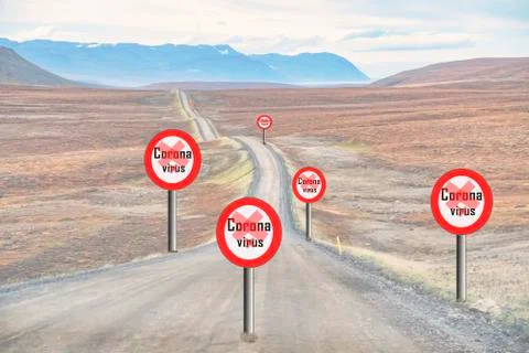 Soft background of dirt road with stop signs indicating warning of Coronavirus - Stock Photos