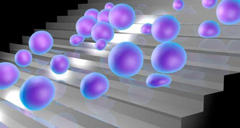Soft balls fall down the stairs. 3D abstract render . Futuristic background. Illustrazione stock