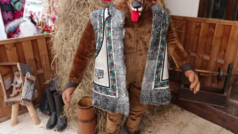 Soft Bear Mannequin In Display Wearing Traditional Romanian Costume. close Stock Footage 170204424