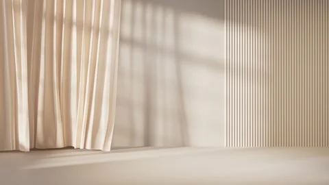 Soft beige curtains gently sway in sunlight casting dynamic shadows on mini.. Stock Footage 332152086