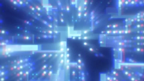 Soft blue abstract circuit board with glowing blocks and bokeh nodes Stock Footage 335550545