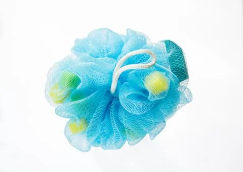 Soft blue bath puff or sponge isolated on white background Stock Photos