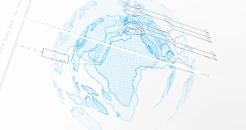 Soft blue blur resolving into wireframe globe, rotating and pulsing, displaying Stock Footage 331197828
