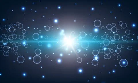 Soft blue circle bubbles and water with light on dark background. shiny bright  Illustrazione stock