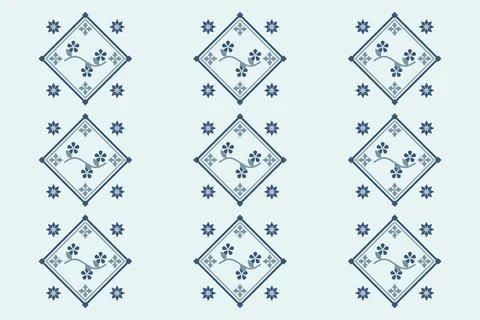 Soft blue folk tiles repeat across a pale blue background, featuring delica.. Stock Illustration