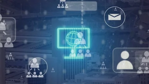 Soft blue glow forming neon monitor globe, icons clustering and pulsing, Stock Footage 335211966
