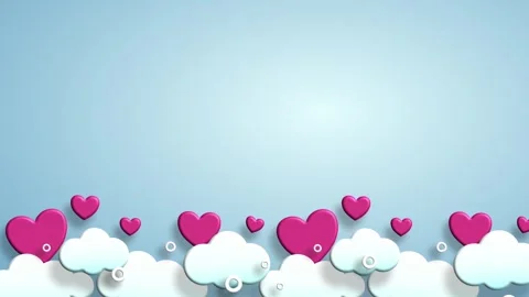Soft blue sky background with pink hearts on white clouds Stock Footage 326312329