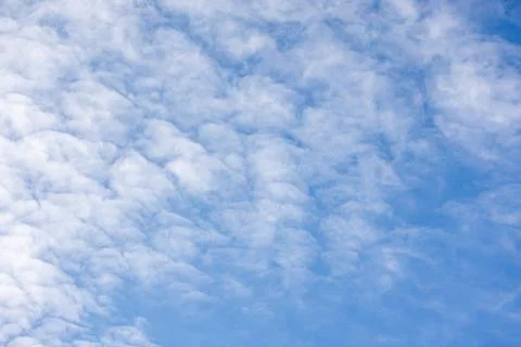 Soft blue sky filled with wispy altocumulus clouds forming a textured, airy.. Stock Photos