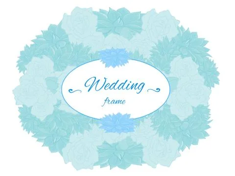 Soft blue vector wedding frame with roses and echeveria Stock Illustration